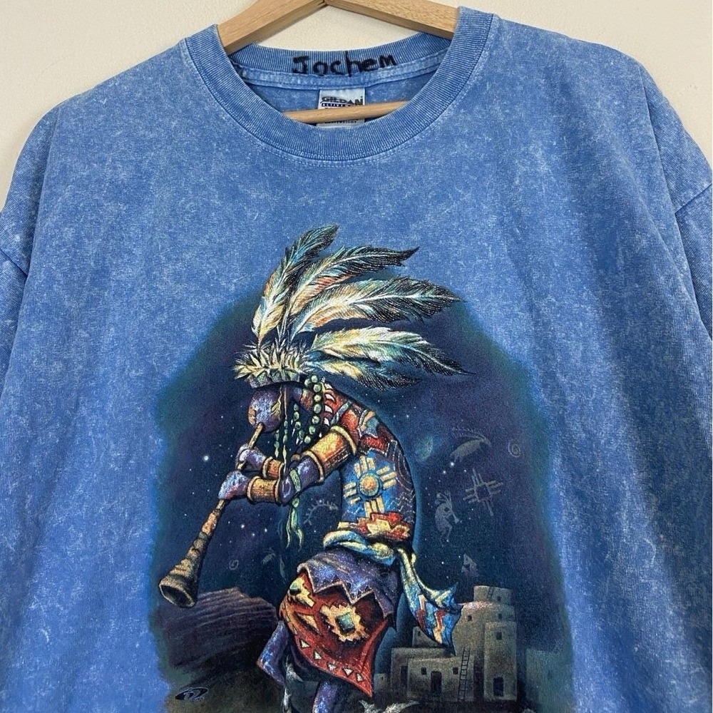 Vintage 90's Tribal Dance Native Graphic Art Blue Tee Shirt - XL - Picture 2 of 5